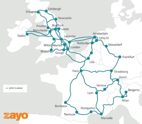 Karte der 400G-fähigen Route von Zayo durch Europa. (Foto: Business Wire)