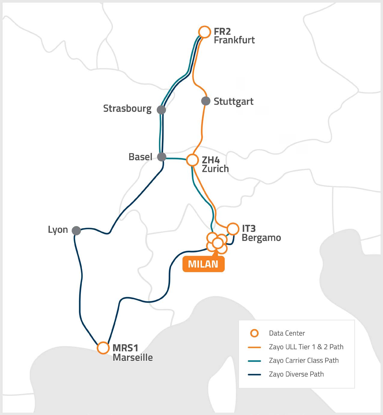 Zayo Makes Connecting to Euronext Faster Than Ever 1 map Frankfurt Bergamo ULL Route Overview